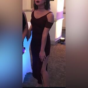 Dark red off the shoulder dress with side slit